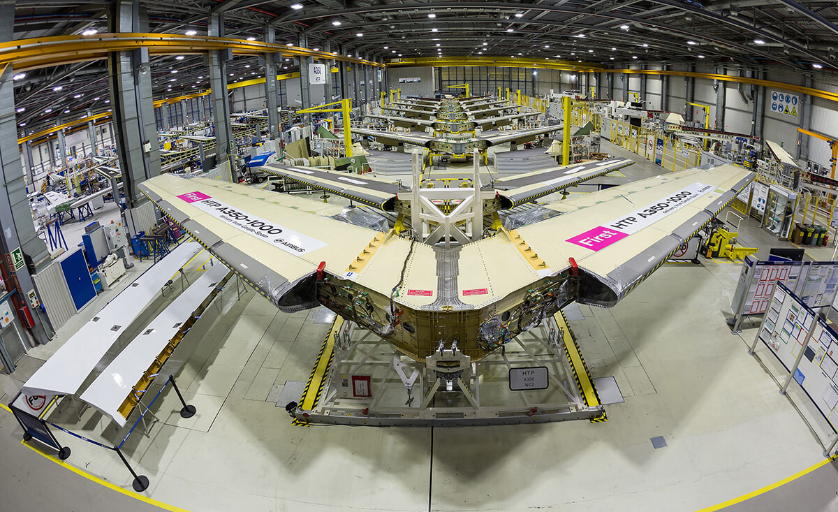 Parts of the tail sections of Airbus  A350 airliners