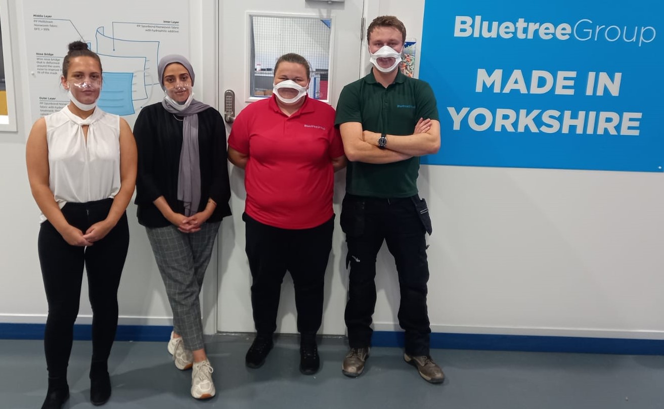 Bluetree clear face masks (left to right)  Hannah Sousa (Prototyping ) Zoya Azam (Laboratory)  Meg Hill (Coach) and James Ford (R&D Engineering)
