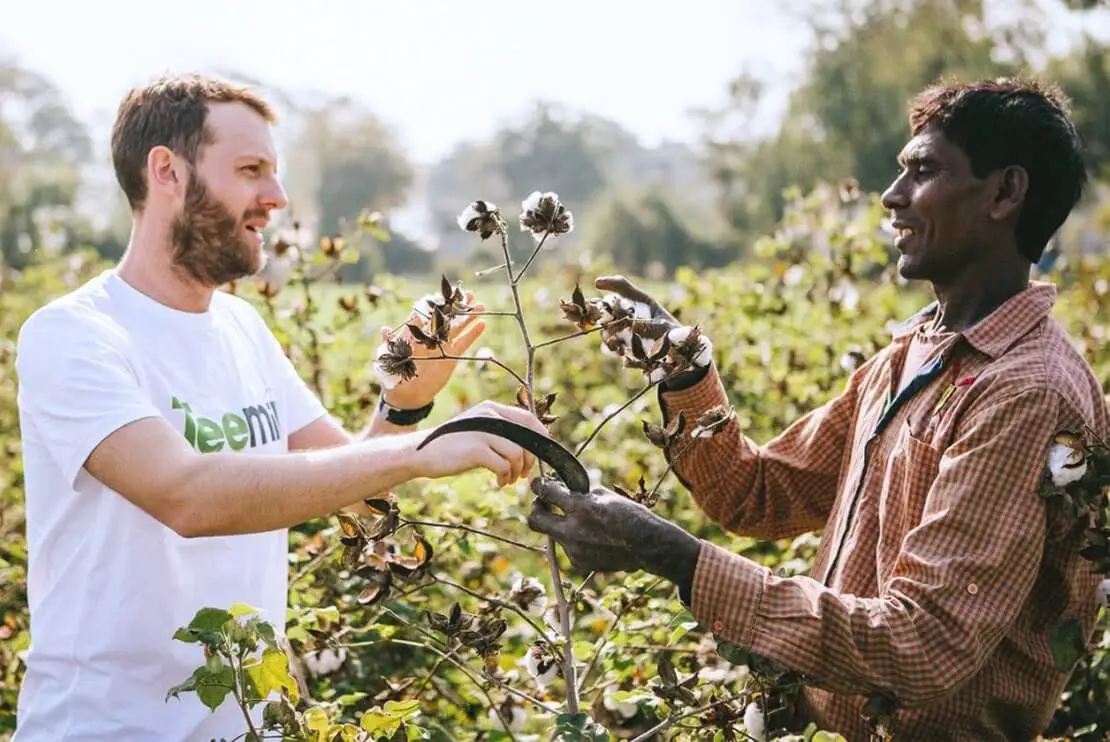 Teemill uk cotton farm india cotton rob drake knight left and natubi